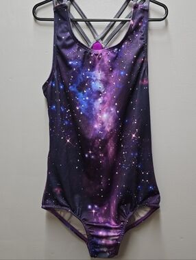 More Than Magic Kids Girls Large 10/12 Athletic Purple Galaxy Leotard Gymnastics